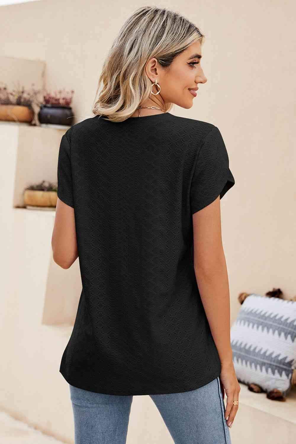 Eyelet Petal Sleeve V-Neck Knit Top Blouses - Tophatter Daily Deals