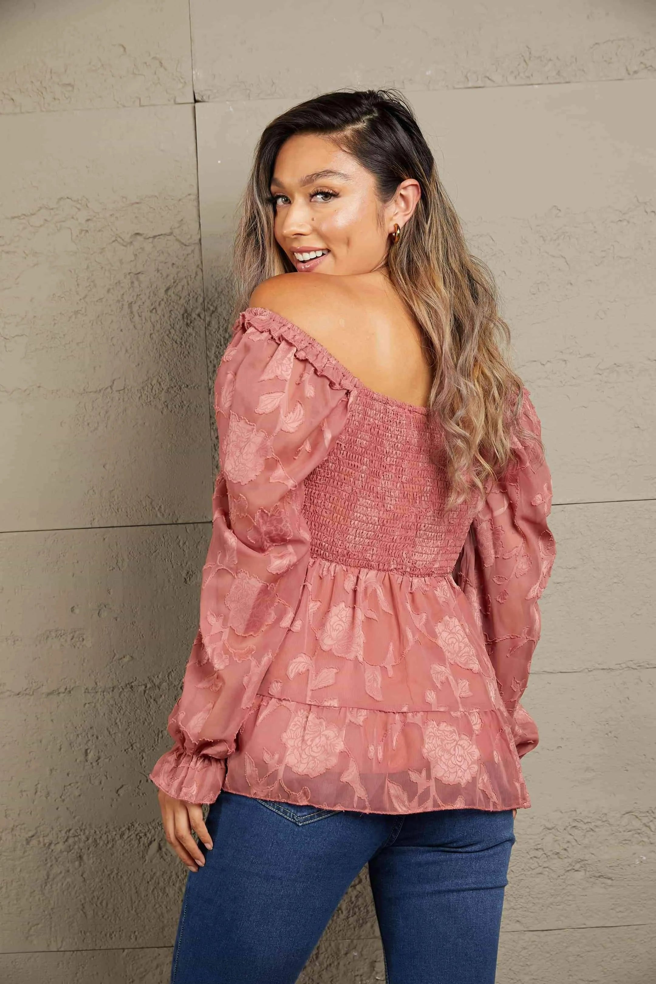 Double Take Smocked Square Neck Flounce Sleeve Blouse Blouses - Tophatter Daily Deals