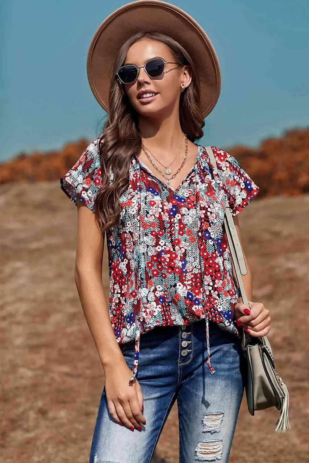 Floral Flutter Sleeve Tie-Neck Blouse Blouses - Tophatter Daily Deals