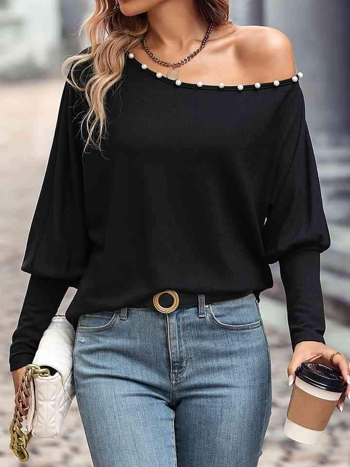 Pearl Trim Lantern Sleeve Top Black Blouses - Tophatter Daily Deals