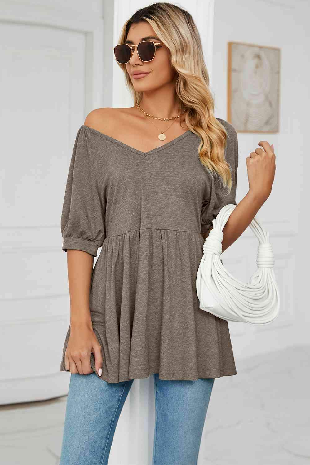 V-Neck Babydoll Top Women's T-Shirts - Tophatter Daily Deals