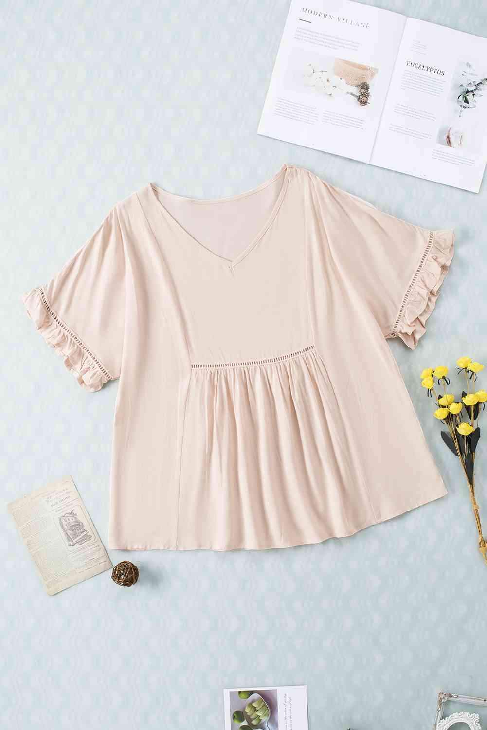 V-Neck Flounce Sleeve Babydoll Blouse Light Apricot Blouses - Tophatter Daily Deals