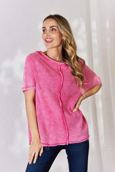 Zenana Oversized Baby Waffle Short Sleeve Top Fuchsia Blouses - Tophatter Daily Deals