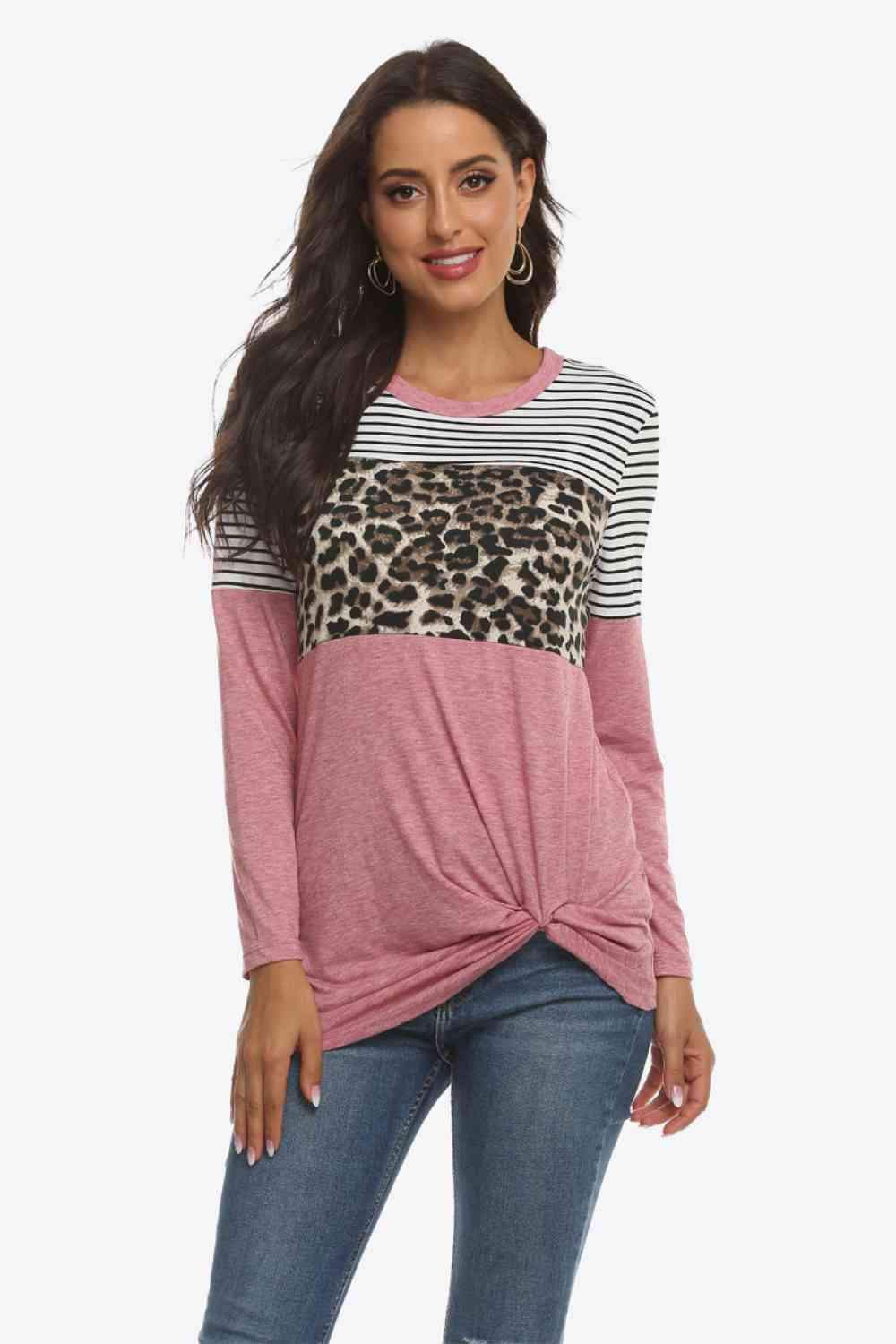 Mixed Print Gathered Detail Long Sleeve Top Blouses - Tophatter Daily Deals