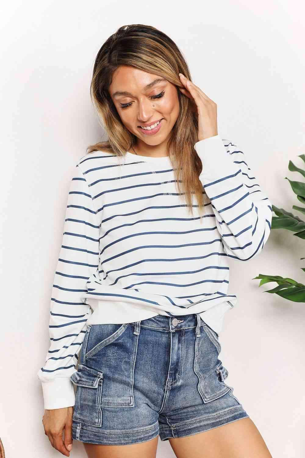 Double Take Striped Long Sleeve Round Neck Top Blouses - Tophatter Daily Deals