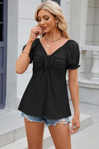 Eyelet Drawstring Short Sleeve T-Shirt Women's T-Shirts - Tophatter Daily Deals