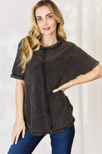 Zenana Oversized Waffle Short Sleeve T-Shirt Ash Black Women's T-Shirts - Tophatter Daily Deals