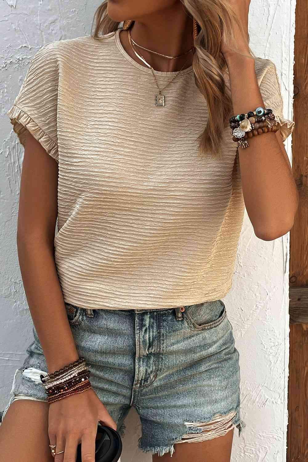 Textured Round Neck Short Sleeve Top Blouses - Tophatter Daily Deals