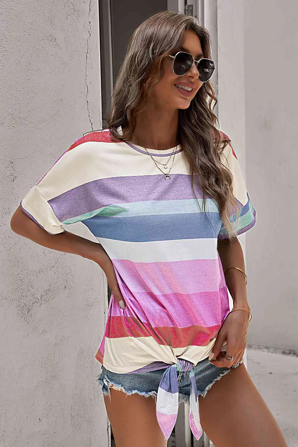 Rainbow Stripe Tie-Front Tee Shirt Women's T-Shirts - Tophatter Daily Deals