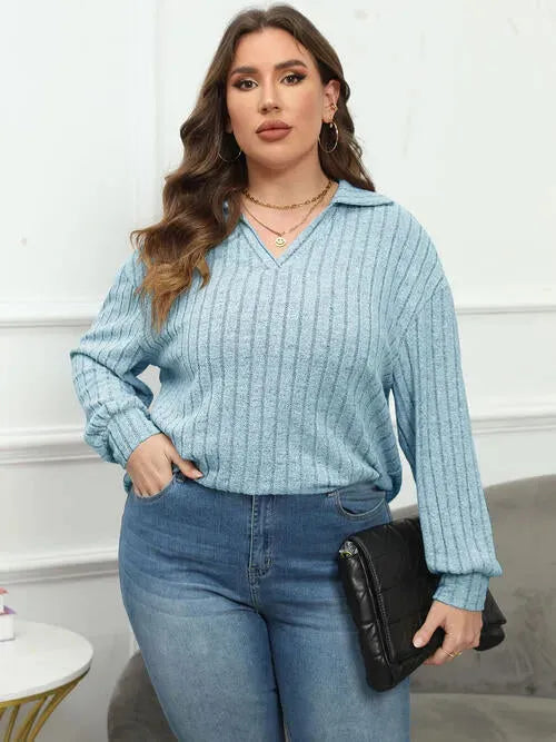Plus Size Ribbed Collared Neck Long Sleeve Blouse Blouses - Tophatter Daily Deals