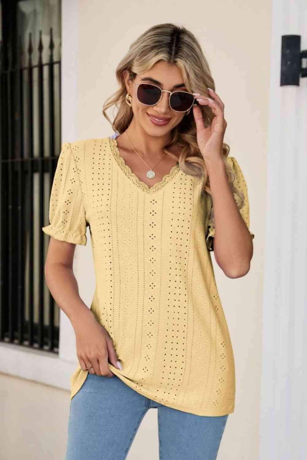 Eyelet Flounce Sleeve Scalloped V-Neck Top Blouses - Tophatter Daily Deals