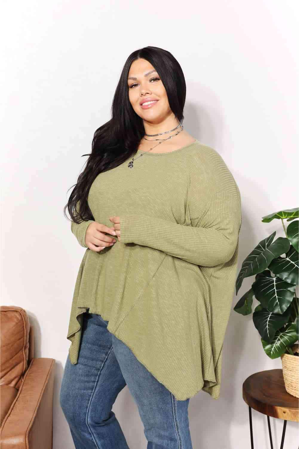 HEYSON Full Size Oversized Super Soft Rib Layering Top with a Sharkbite Hem and Round Neck Blouses - Tophatter Daily Deals