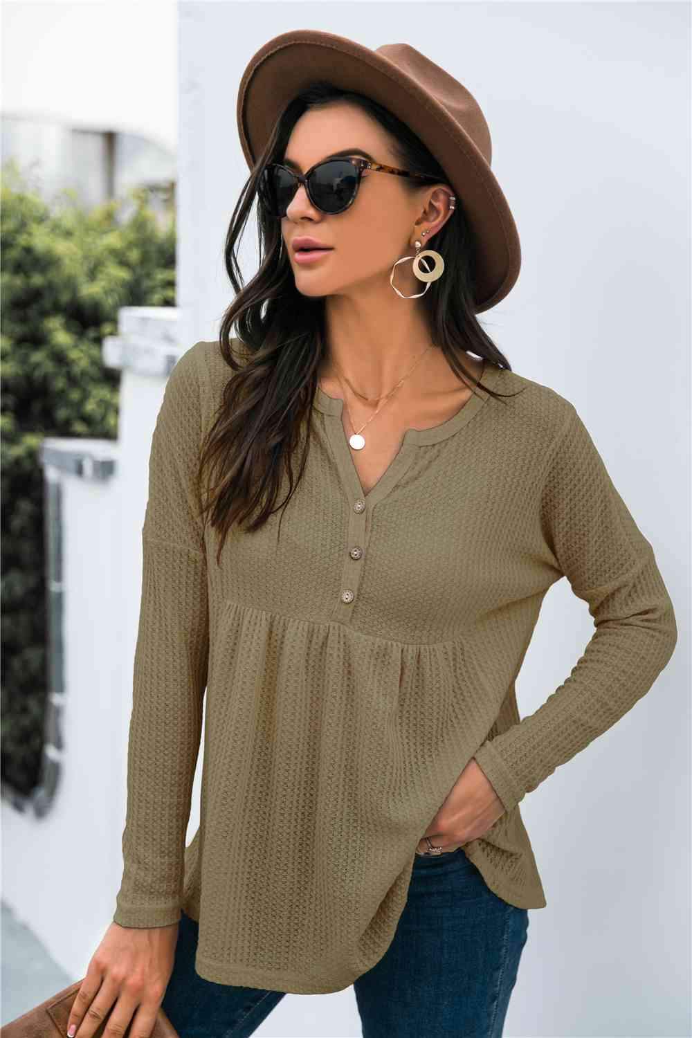 Button Front Waffle Knit Babydoll Top Blouses - Tophatter Daily Deals