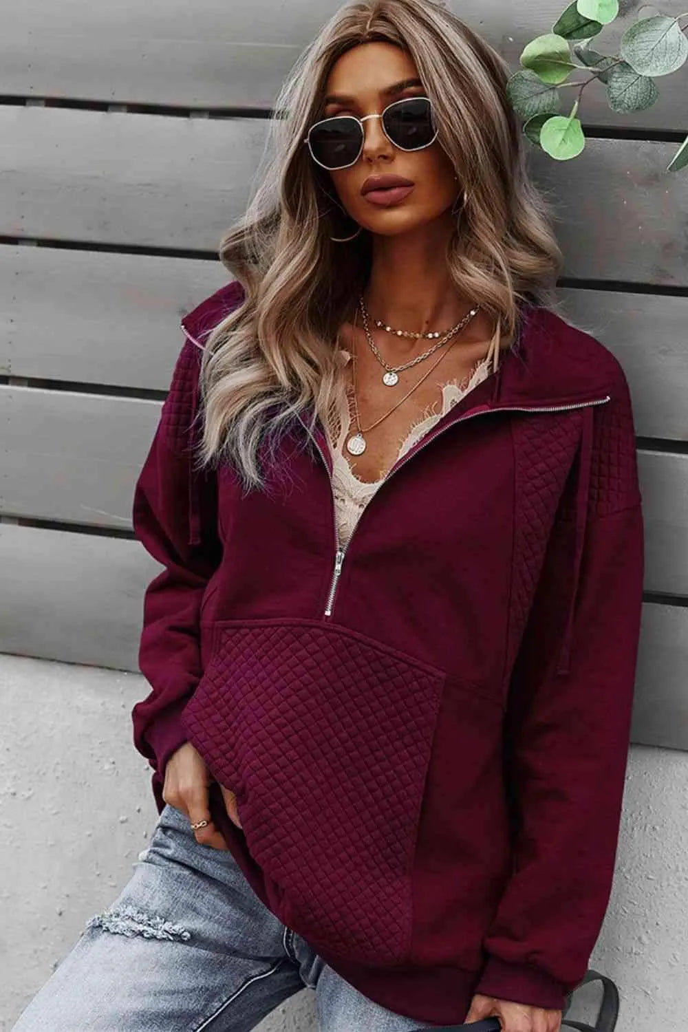 Half-Zip Collared Drop Shoulder Sweatshirt Blouses - Tophatter Daily Deals