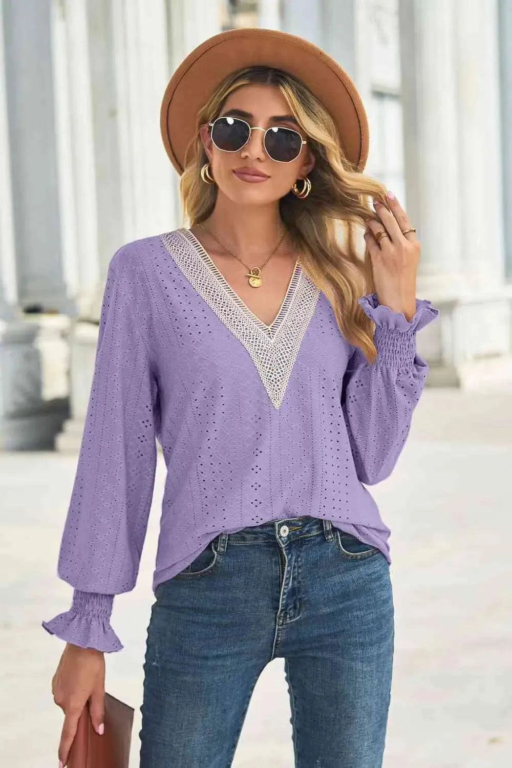 Contrast V-Neck Flounce Sleeve Top Purple Blouses - Tophatter Daily Deals