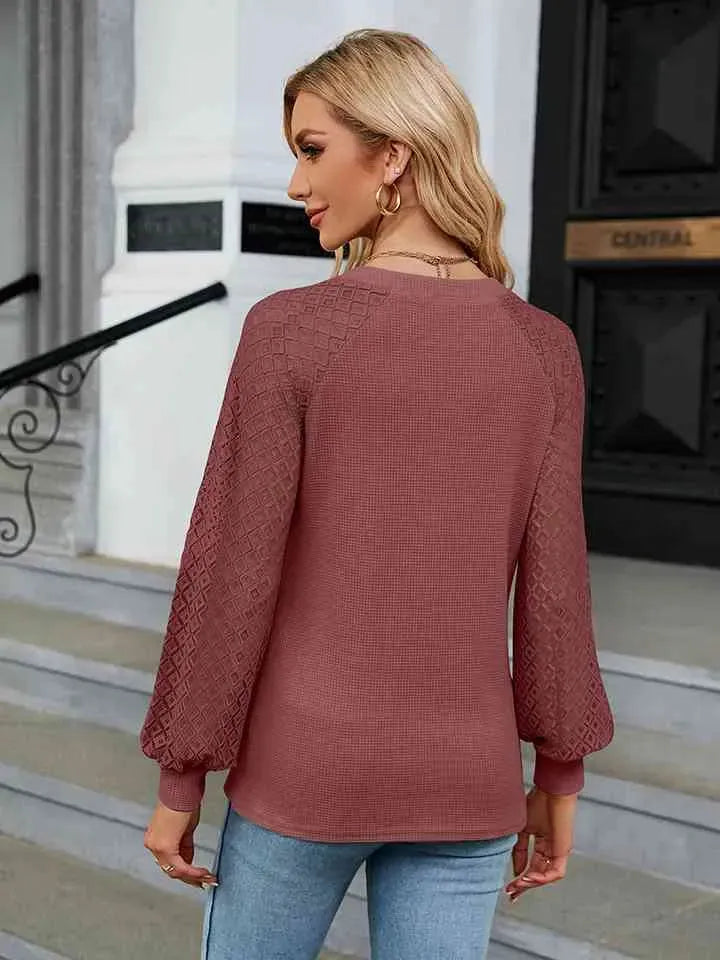 Notched Neck Raglan Sleeve Blouse Blouses - Tophatter Daily Deals