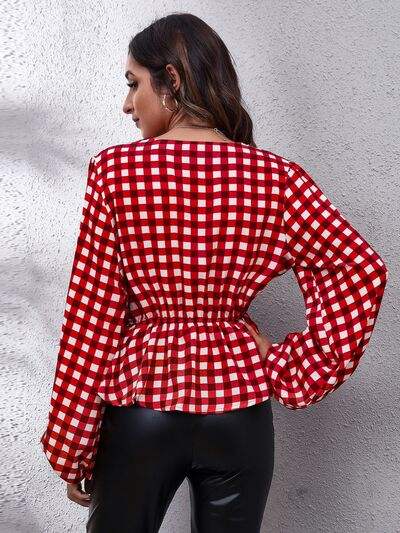 Plaid V-Neck Balloon Sleeve Peplum Blouse Blouses - Tophatter Daily Deals