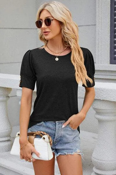 Round Neck Puff Sleeve T-Shirt Women's T-Shirts - Tophatter Daily Deals