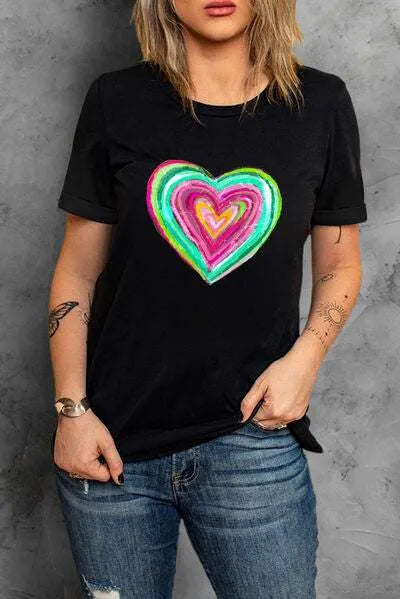 Heart Round Neck Short Sleeve T-Shirt Black Women's T-Shirts - Tophatter Daily Deals