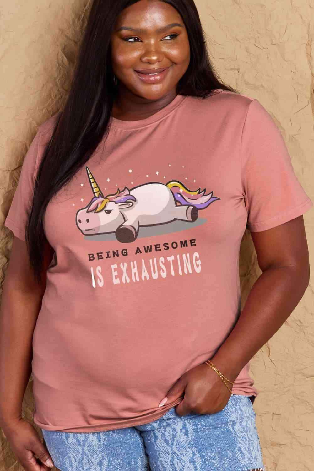 Simply Love Full Size BEING AWESOME IS EXHAUSTING Graphic Cotton Tee Women's T-Shirts - Tophatter Daily Deals