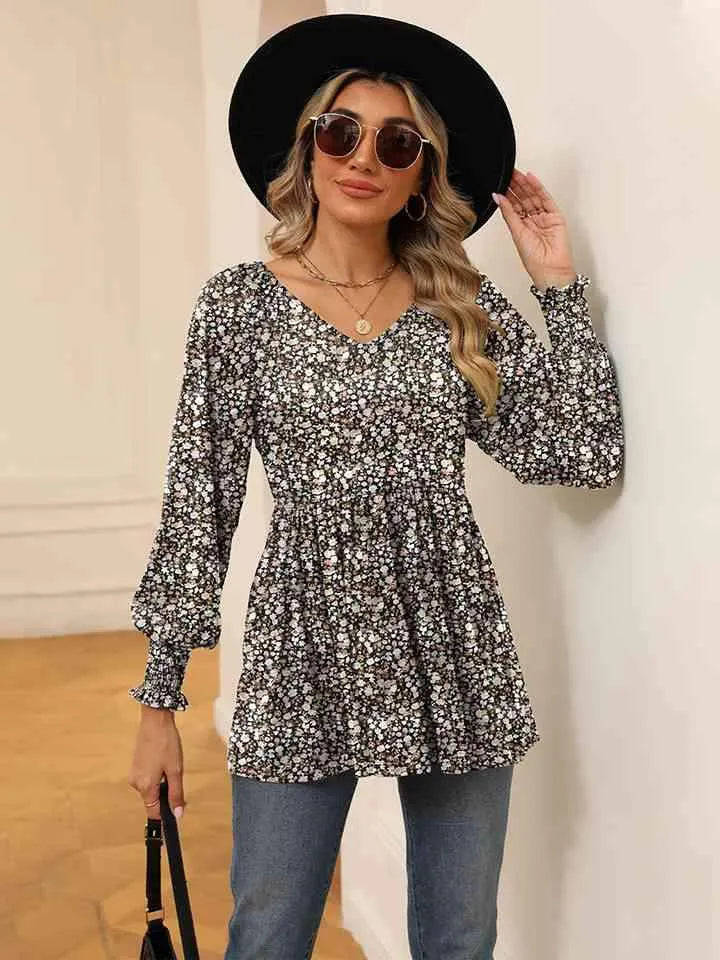 Printed V-Neck Lantern Sleeve Blouse Heather Gray Blouses - Tophatter Daily Deals