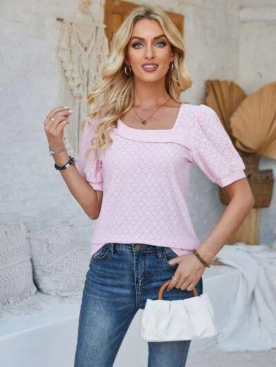 Eyelet Asymmetrical Neck Short Sleeve T-Shirt Blush Pink Women's T-Shirts - Tophatter Daily Deals
