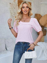 Eyelet Asymmetrical Neck Short Sleeve T-Shirt Blush Pink Women's T-Shirts - Tophatter Daily Deals
