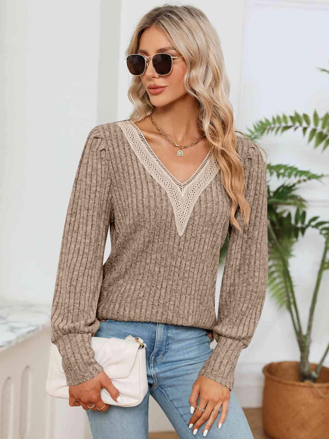 Lace Detail V-Neck Ribbed Blouse Blouses - Tophatter Daily Deals