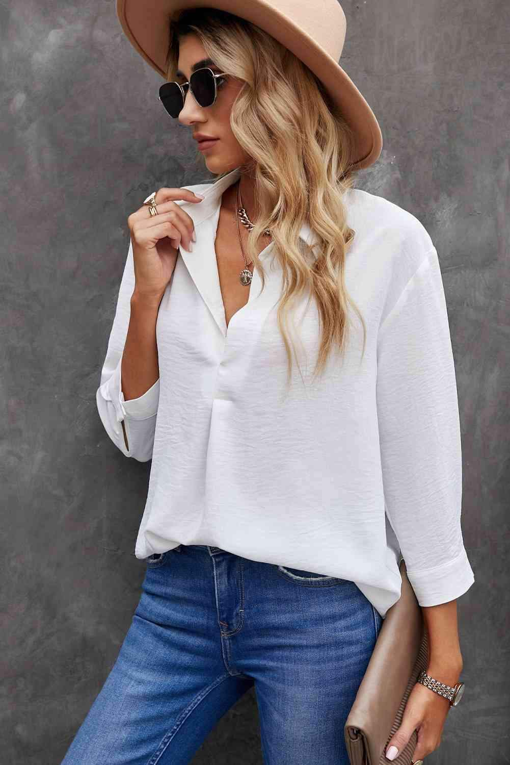 Textured Johnny Collar Three-Quarter Sleeve Blouse Blouses - Tophatter Daily Deals