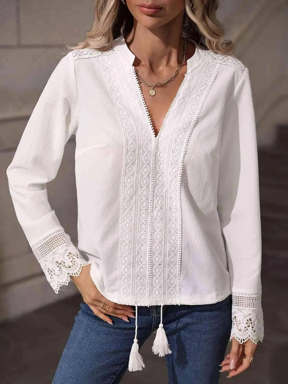 V-Neck Long Sleeve Lace Trim Blouse Blouses - Tophatter Daily Deals