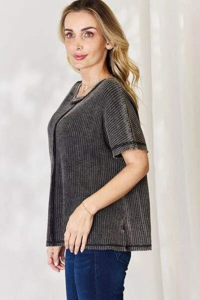 Zenana Oversized Baby Waffle Short Sleeve Top Blouses - Tophatter Daily Deals