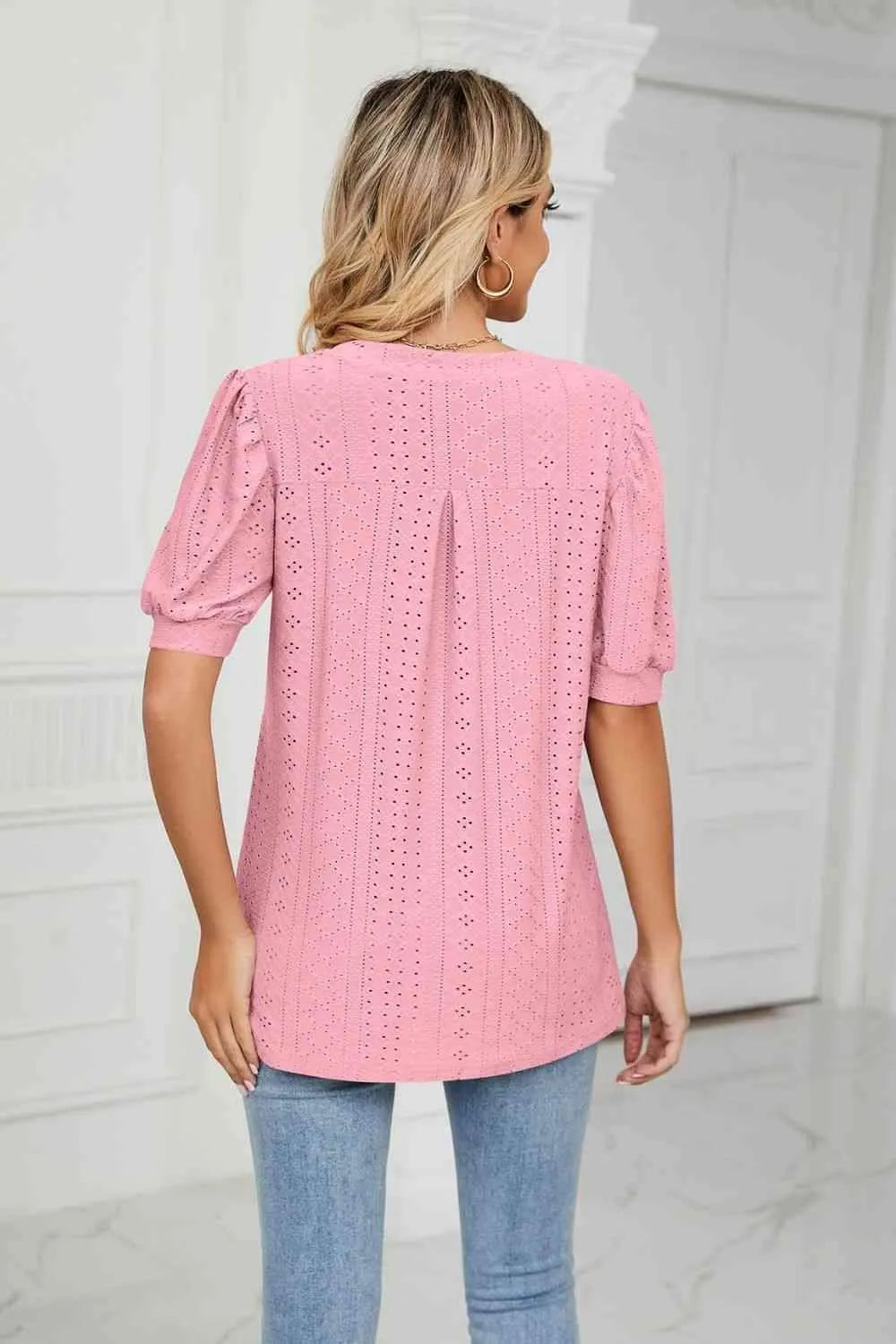 Eyelet Short Puff Sleeve Notched Neck Top Blouses - Tophatter Daily Deals