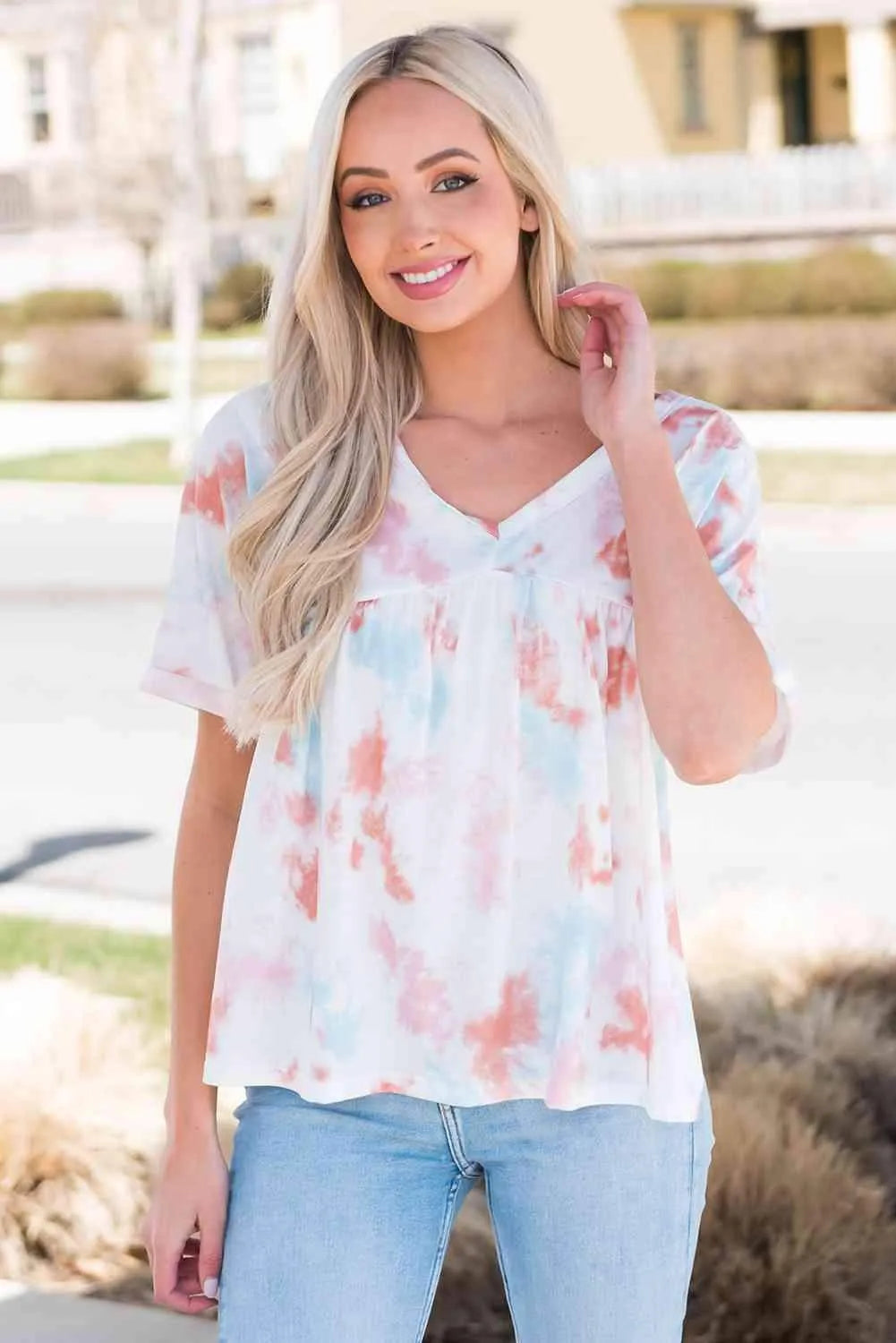 Tie-Dye V-Neck Tie Back Top Blouses - Tophatter Daily Deals