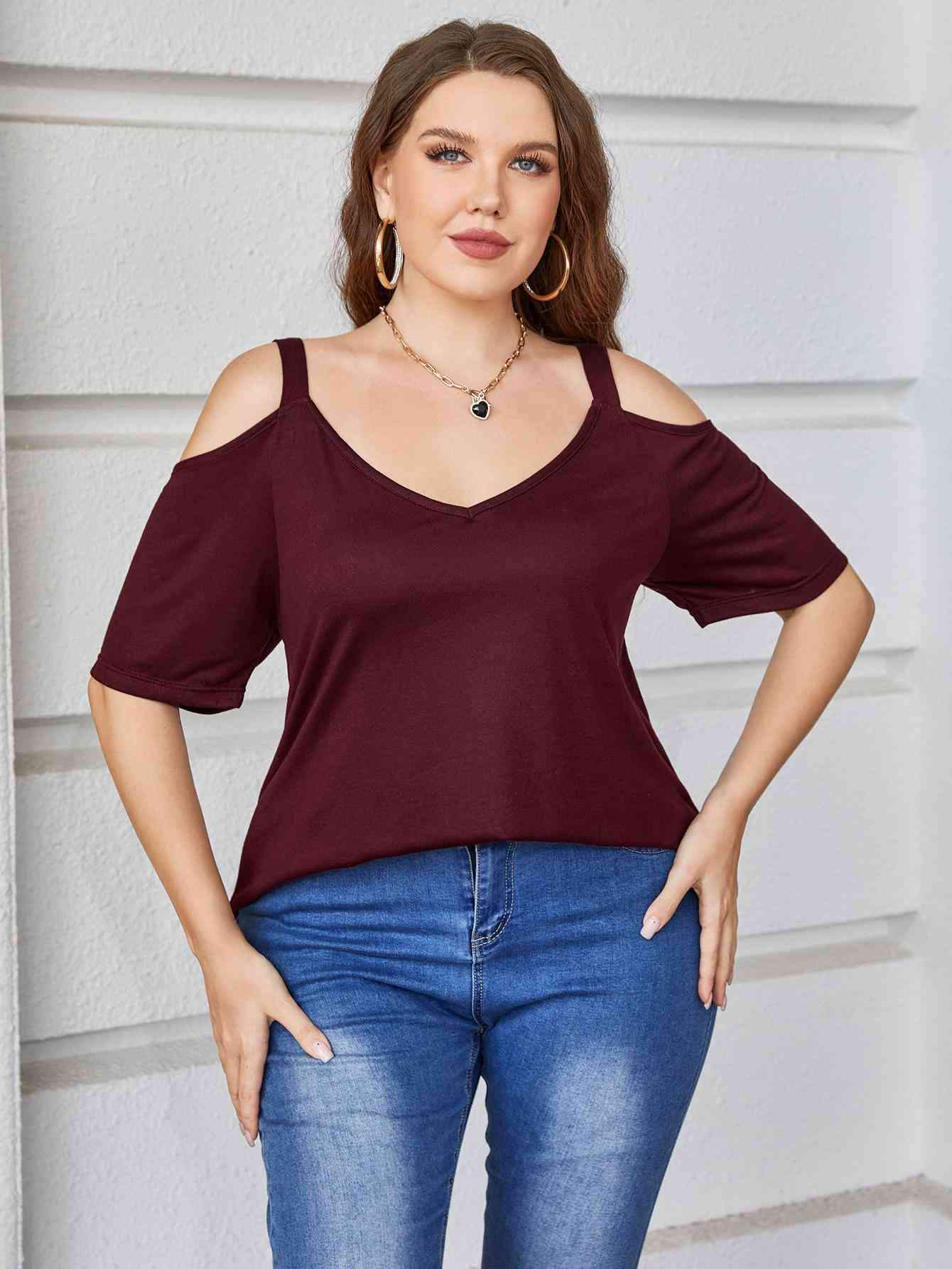 Plus Size V-Neck Cold-Shoulder Blouse Blouses - Tophatter Daily Deals