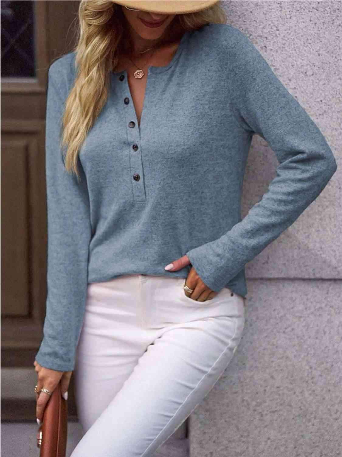 Round Neck Buttoned Long Sleeve T-Shirt Cloudy Blue Women's T-Shirts - Tophatter Daily Deals