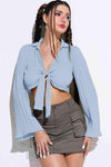 Tie Front Johnny Collar Flare Sleeve Cropped Top Blouses - Tophatter Daily Deals