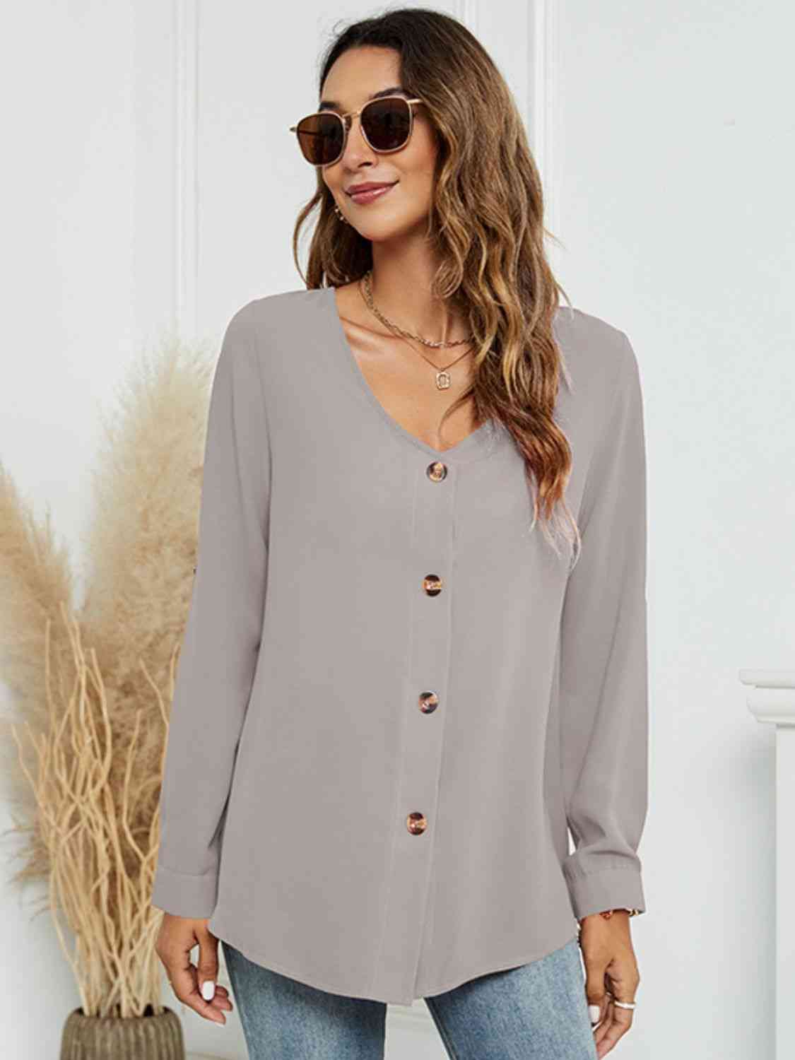 Roll-Tap Long Sleeve V-Neck Buttoned Blouse - Tophatter Deals