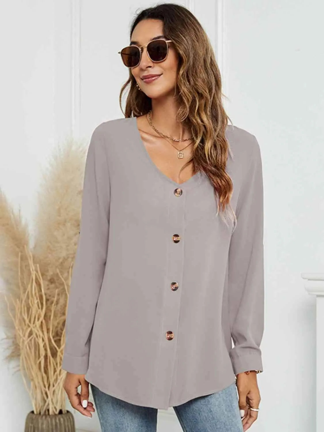 Roll-Tap Long Sleeve V-Neck Buttoned Blouse Blouses - Tophatter Daily Deals