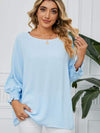 Smocked Lantern Sleeve Round Neck Blouse Misty Blue Blouses - Tophatter Daily Deals