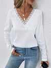 Waffle-Knit Lace Detail V-Neck Long Sleeve T-Shirt White Women's T-Shirts - Tophatter Daily Deals