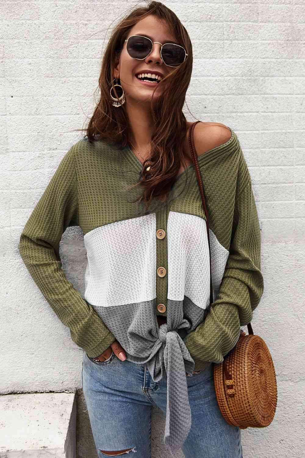 Color Block Waffle Knit V-Neck Top Blouses - Tophatter Daily Deals