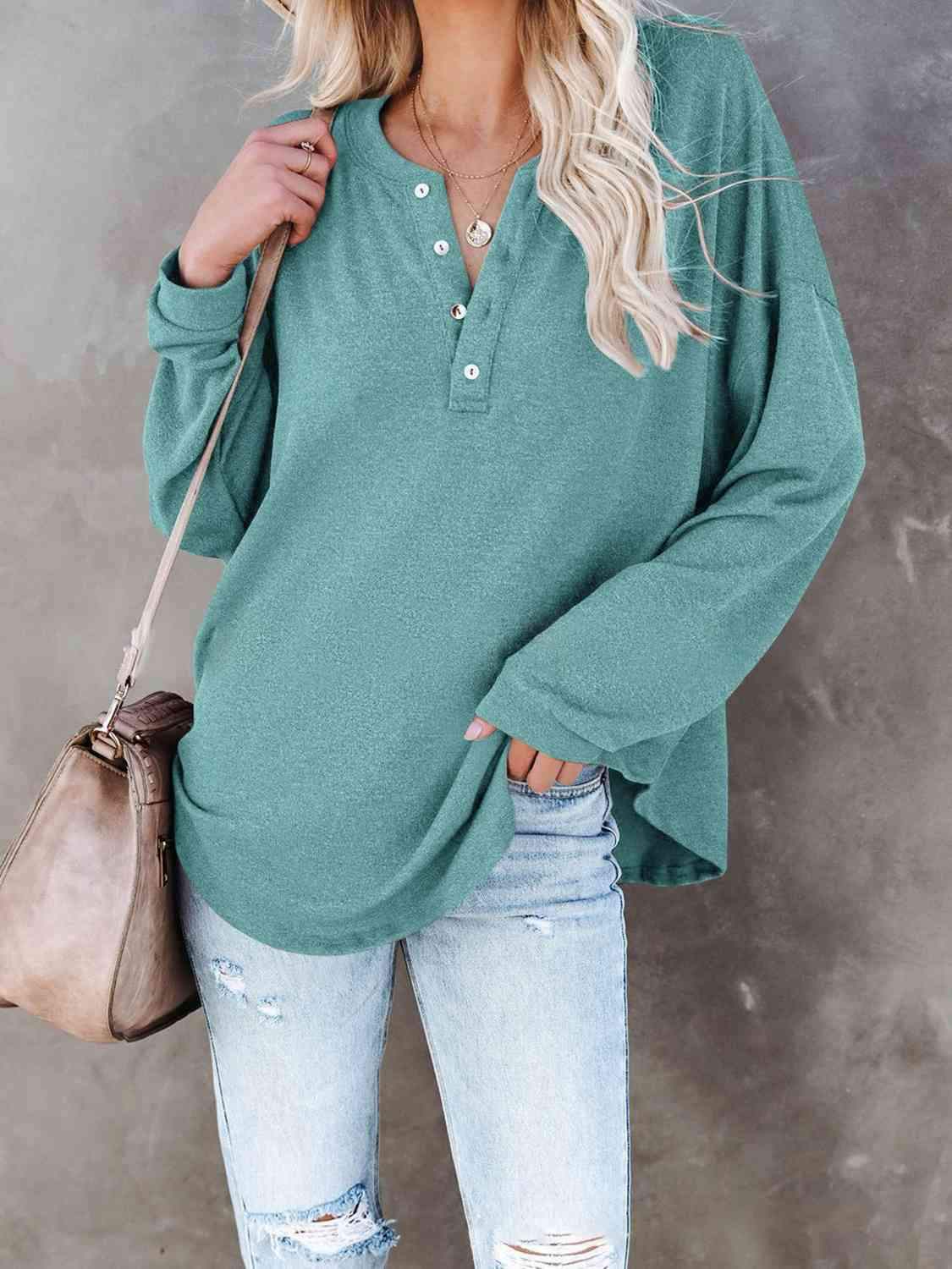 Buttoned Drop Shoulder Top Teal Women's T-Shirts - Tophatter Daily Deals