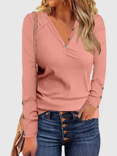 Decorative Button V-Neck Long Sleeve T-Shirt Sand Women's T-Shirts - Tophatter Daily Deals