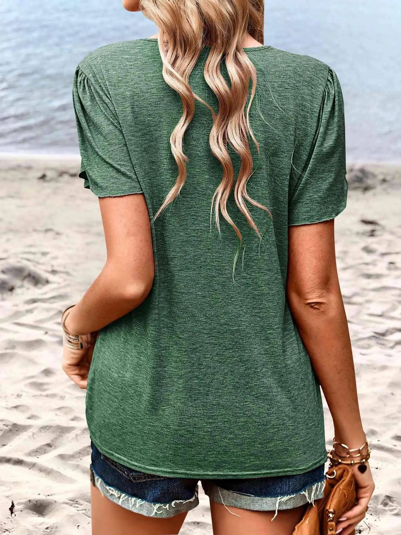 Contrast V-Neck Petal Sleeve Top Blouses - Tophatter Daily Deals