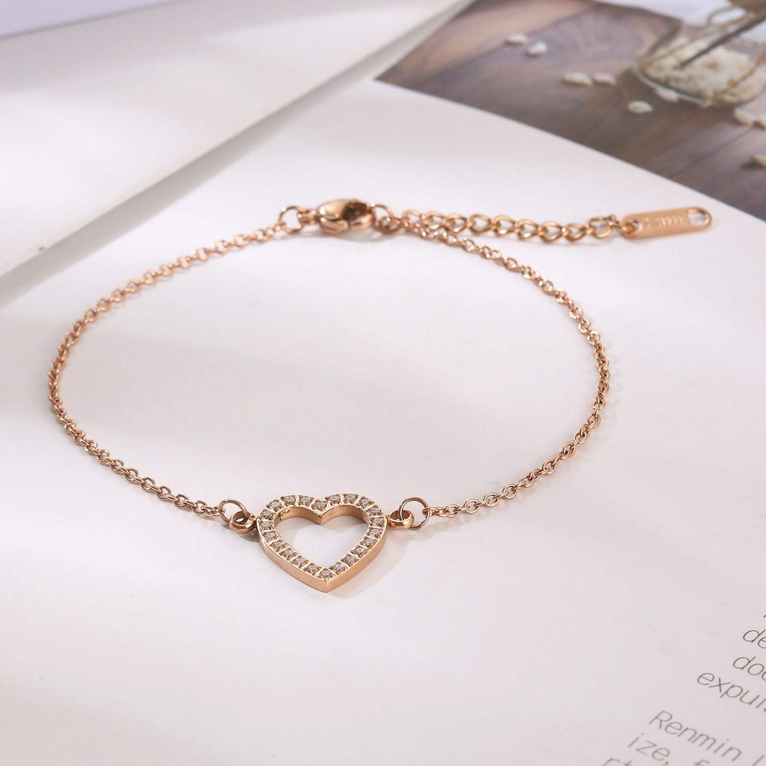 Inlaid Zircon Stainless Steel Heart Bracelet Rose Gold One Size Bracelets - Tophatter Daily Deals