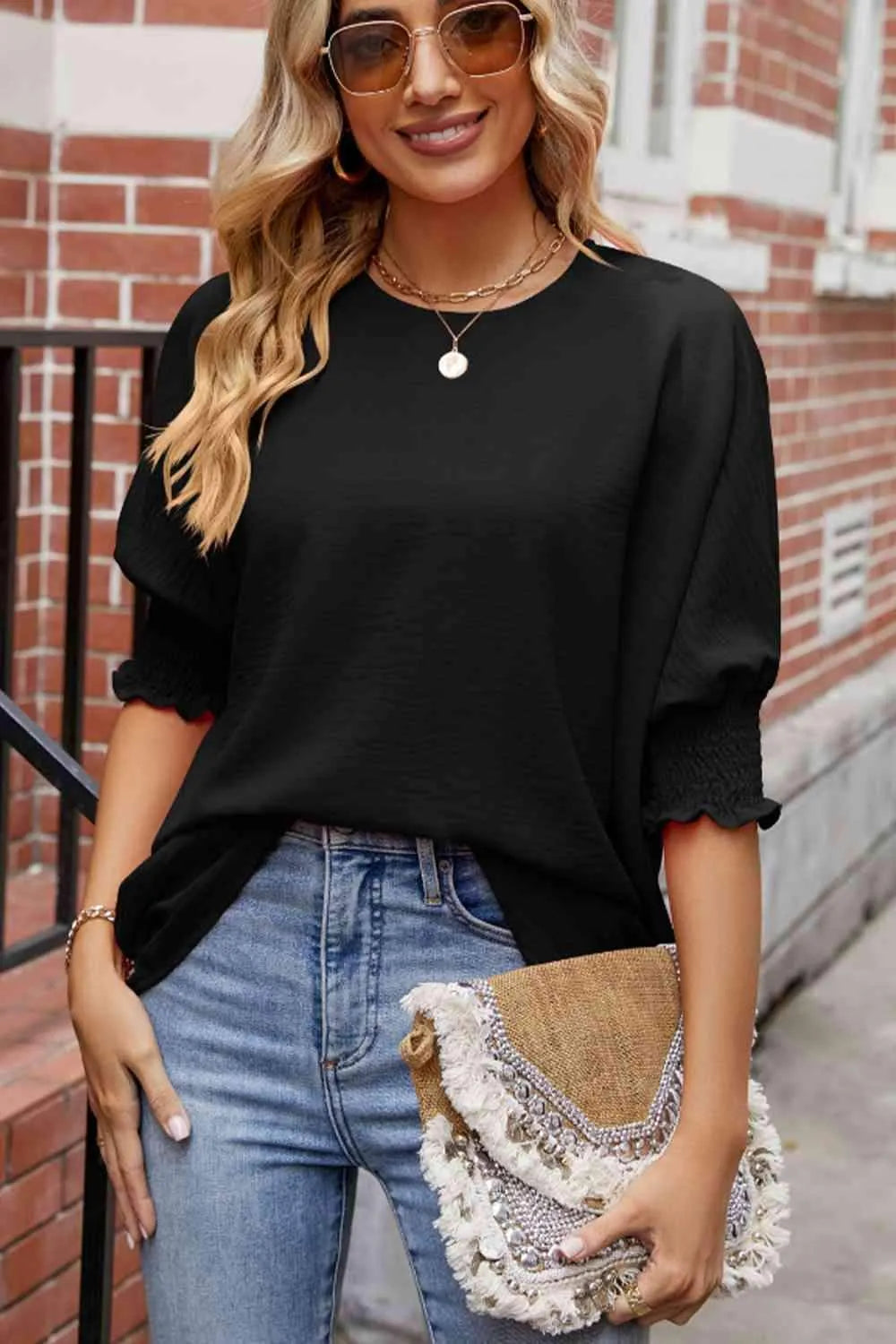 Round Neck Smocked Lantern Sleeve Blouse Black Blouses - Tophatter Daily Deals