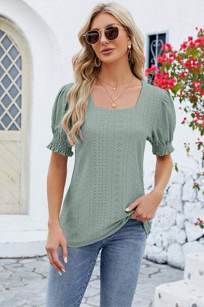 Eyelet Square Neck Short Sleeve T-Shirt Women's T-Shirts - Tophatter Daily Deals