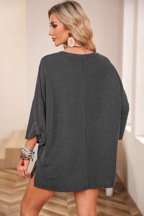 Round Neck Slit Roll-Tab Sleeve Oversize Top Women's T-Shirts - Tophatter Daily Deals