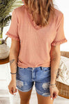 Textured V-Neck Flounce Sleeve Blouse Peach Blouses - Tophatter Daily Deals