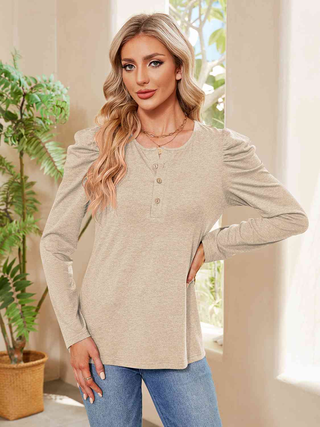 Buttoned Round Neck Puff Sleeve T-Shirt Ivory Women's T-Shirts - Tophatter Daily Deals